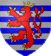 Burelé d'argent, d'azur de 10 pièces, au lion de gueules, la queue fourchée passée en sautoir, armé, lampassé, couronné d'or